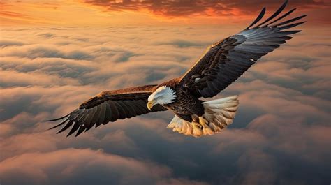 Foto de águia voando acima das nuvens ao pôr do sol Foto Premium