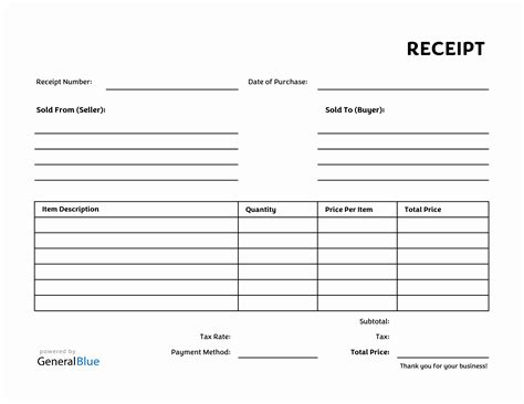 Free Receipt Template in Excel (Printable)