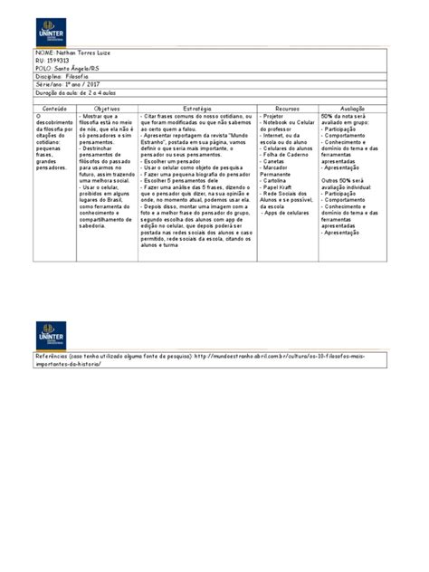 Modelo Plano De Aula Uninter Filosofia Pdf Celulares Conhecimento