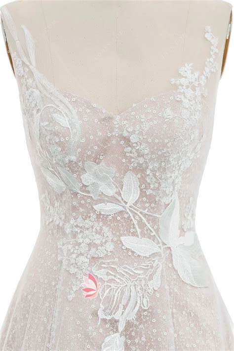 Nude Pink Floral Lace Glitter Sequin Fancy Wedding Dress Lunss