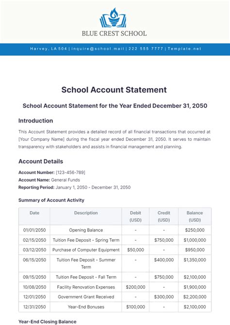 Free School Account Statement Template to Edit Online