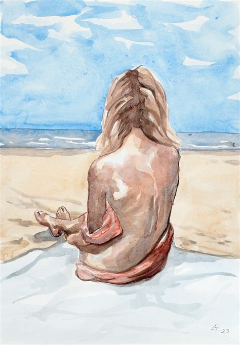 ORIGINAL A3 Watercolor Painting On The Beach Nude Erotic Female Figure Naked Etsy