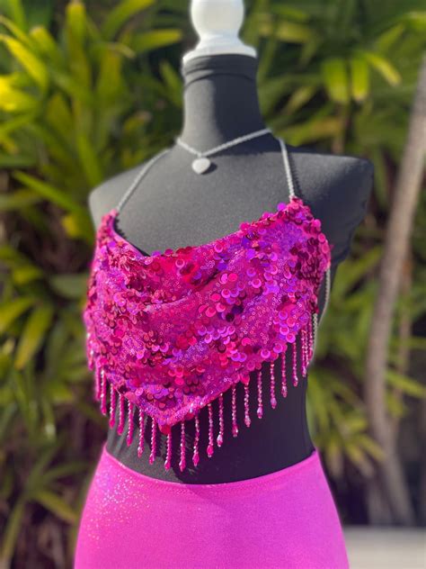 Hot Pink Sequin Festival Top Festival Bra Chain Top Iridescent Sequins Festival Outfit