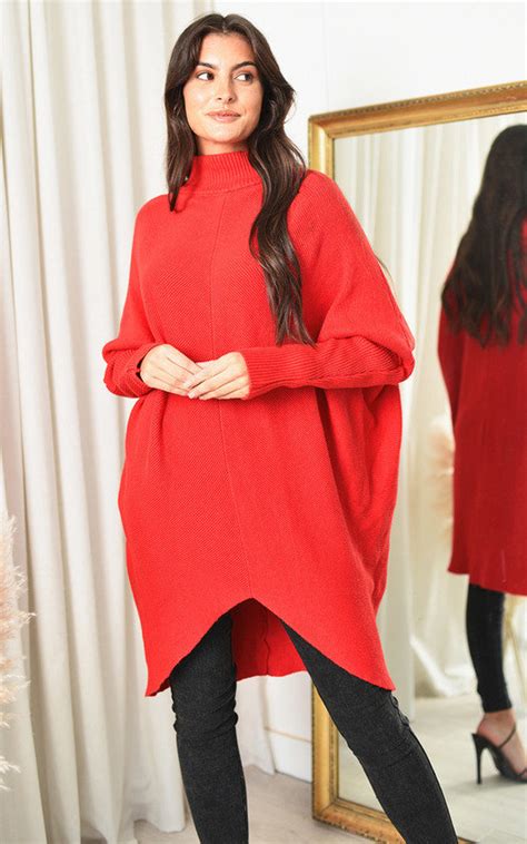 Biba High Neck Longline Jumper in Red | ikrush