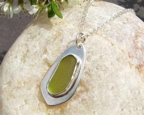 Sea Glass Sterling Silver Pendant Vibrant Olive Green Cornish Seaglass