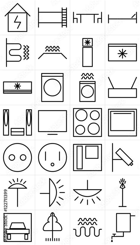 Set of black and white symbols of home appliance electrical devices for ...