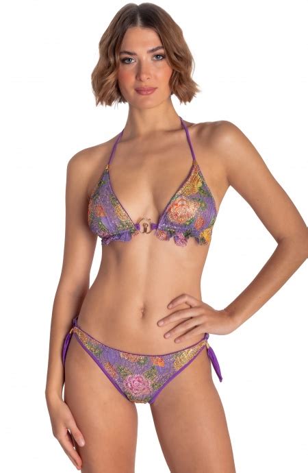 MACRAMÉ LACE PADDED TRIANGLE BIKINI FLOWER BIRD PRINT Size S Brief flakes medium coverage Color