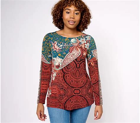 Susan Graver Printed Liquid Knit A Line Bateau Neck Long Sleeve Top