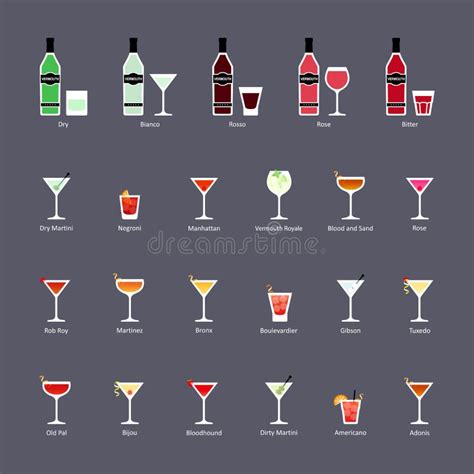 Types of Vermouth and Cocktails with Vermouth, Set of Flat Icons Stock ...