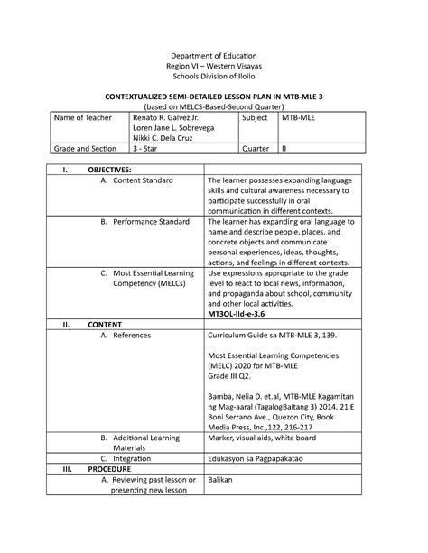 Semi Detailed Lesson Plan Format MTB MLE Department Of Education