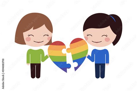 Día y mes del orgullo gay dos mujeres felices uniendo su amor con un rompecabezas de corazón