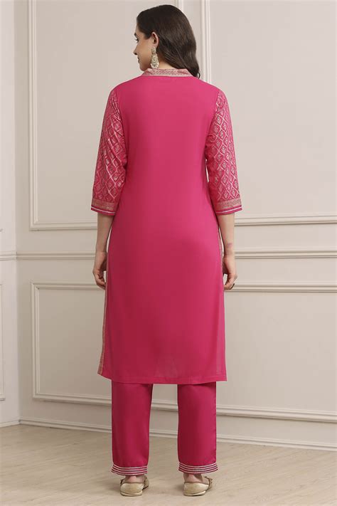 fuschia cotton straight kurta pant suit set combines kurta slim pant