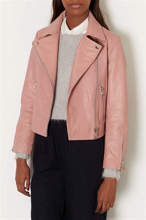 Lyst Topshop Boxy Leather Biker Jacket In Pink