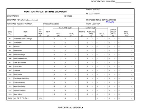 Construction Take-off sheets | Construction Cost Estimate Breakdown