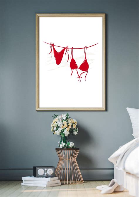 Bikini Wall Art Summer Wind Print Yellow Red Blue Bikini Print Beach Bathroom Bathing Suit