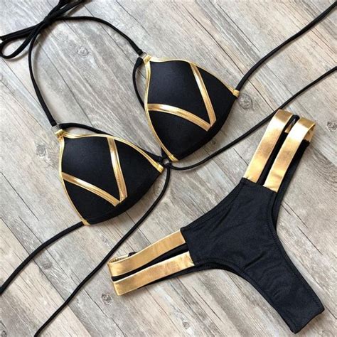 STRING BIKINI BIKINI Zwart Goud Dames Bikini Maat S Bol