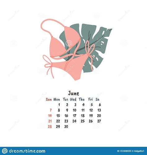 Hand Drawn Bikini And Palm Leaf Cartoon Doodle Style Illustration For Wall Or Desk Monthly