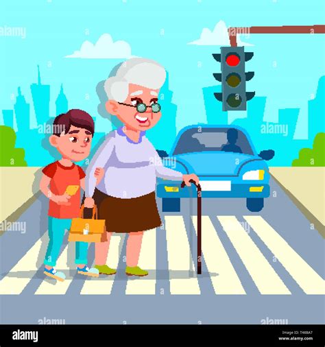 Boy Helping Senior Woman Crossing Street Vector Drawing Stock Vector