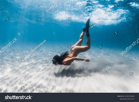 Naked Woman Freediver Dive Freediving Fins Stock Photo 2200759365