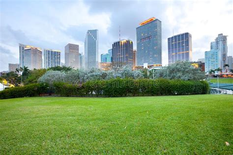 Bayfront Park and Downtown City Skyline at Dusk, Miami Stock Image ...