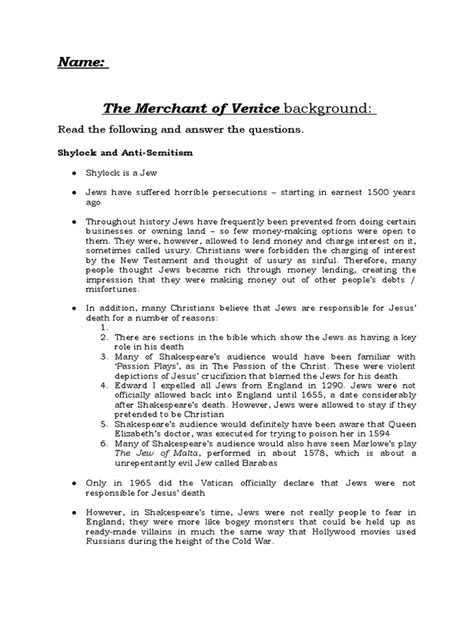 The-Merchant-of-Venice-background And-Questions | PDF | Shylock | Venice