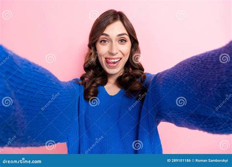 Photo Portrait Of Lovely Young Lady Lick Teeth Selfie Photo Excited