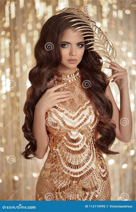 Fashion Glamour Brunette Lady In Golden Shiny Sequins Dress Over Stock Photo Image Of Glamour