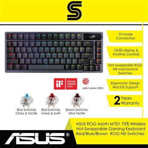 ASUS ROG Azoth M Wireless Hot Swappable Gaming Keyboard Red Blue Brown ROG NX Switches