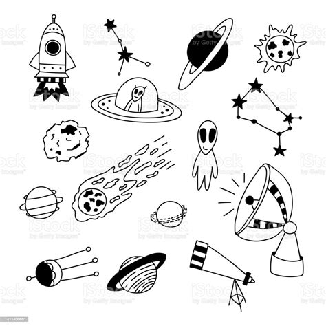 Set Of Hand Drawn Space Elements Vector Illustration In Doodle Style