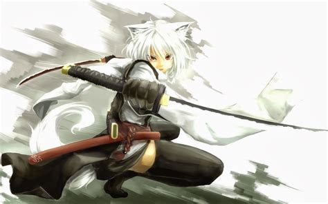 Warrior Women With Swords Red Eyes Cat Girl Anime Girls Sword