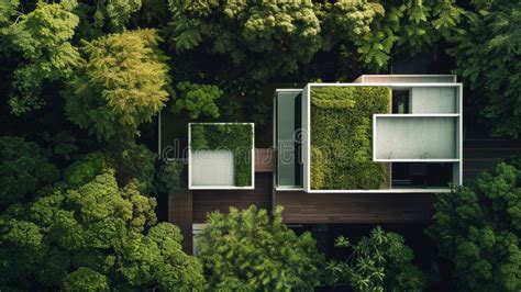 An Aerial View Of A Modern Eco Friendly House Nestled Among Lush