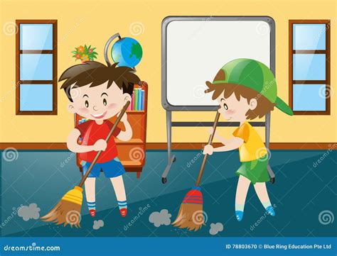 Two Boys Sweeping Classroom Floor Stock Vector Illustration Of
