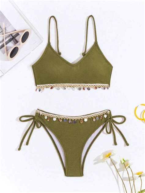 Shein Swim Conjunto De Bikini Tejido Con Parche De Banda Y Decoraci N De Conchas Para Mujeres De