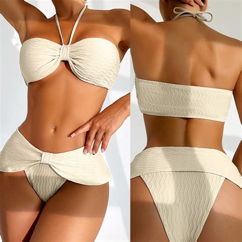 Knot Pleated Patchwork Swimwear Halter Bandeau Bikini Set Swimsuit Backless Swimsuit White