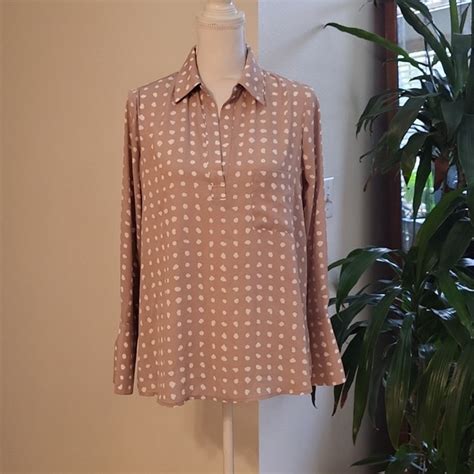 Pleione Tops Pleione Toupe White Polka Dotted Long Sleeve V Neck