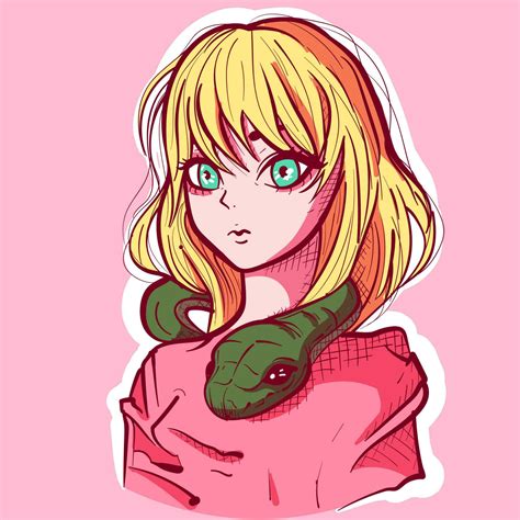 Digital Art Of A Blonde Anime Girl And A Snake Around Her Neck Japanese Manga Doll Wearing Pink