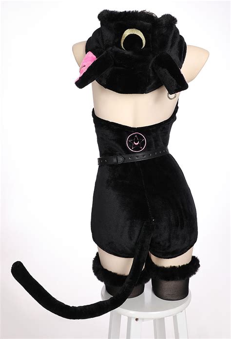 Moon Cat Sexy Lingerie Bodysuit Gothic Lingerie Outfit Black Plush Hooded Romper With Belt