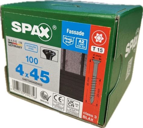 Spax Stainless Blax 40 X 45mm X 100 Box Facade Screw