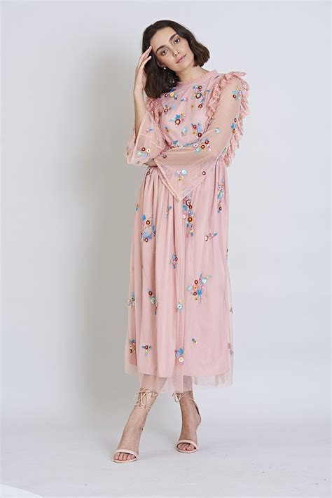 Frock And Frill Ginette Pink Embellished And Ruffled Long Sleeve Maxi