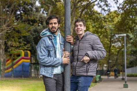 Latin Gay Couple Having Fun Stock Image Image Of Outside Funny