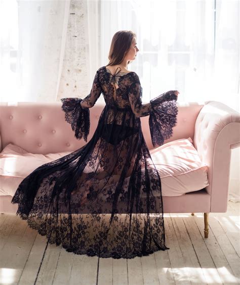 Black Lace Bridal Night Lingerie Lace Long Sleepwear Etsy