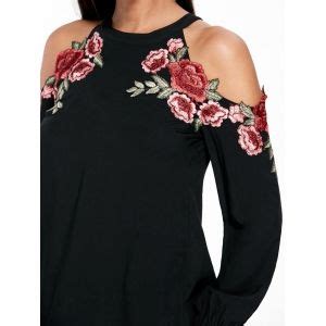 Black 2xl Applique Embroidery Open Shoulder Top RoseGal