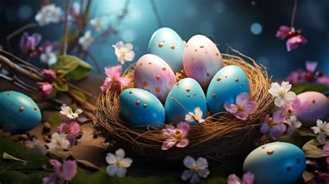 Premium AI Image Painted Easter Eggs In Wattle Rattan Wreath Nest Bunch Of Pussy Willow Twigs