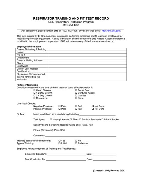 Printable Respirator Fit Test Form Template