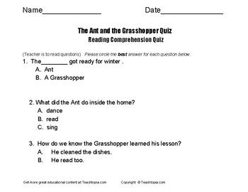 Benchmark Advance Reading Comprehension Quiz The Ant And The Grasshopper