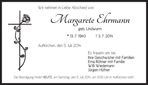 Traueranzeigen Von Margarete Ehrmann Trauer Flz De