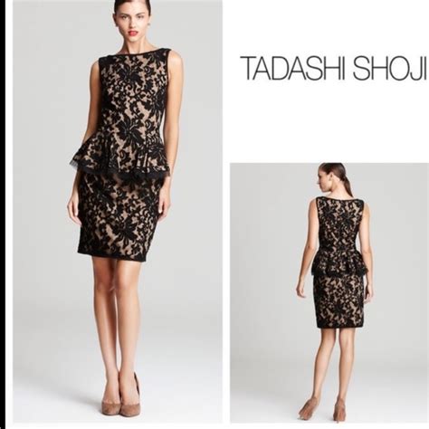 Tadashi Shoji Black Lace Nude Peplum Dress Gem