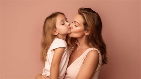 Una Madre Y Su Hija Se Besan En Un Fondo Rosa Foto Premium