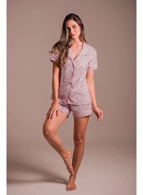 Conjunto Pijama Americano Curto Adulto Feminino Onça Rosa