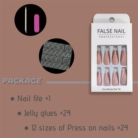 Foamee Medium Nude Coffin Fake Nails With Sequins Designs Acrylic Glossy False Nails For Women
